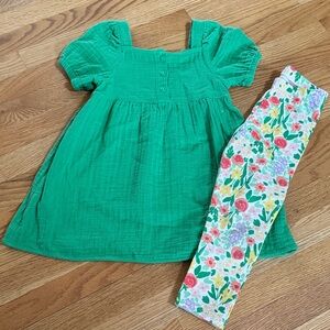 Green Dress and Floral Leggings Set